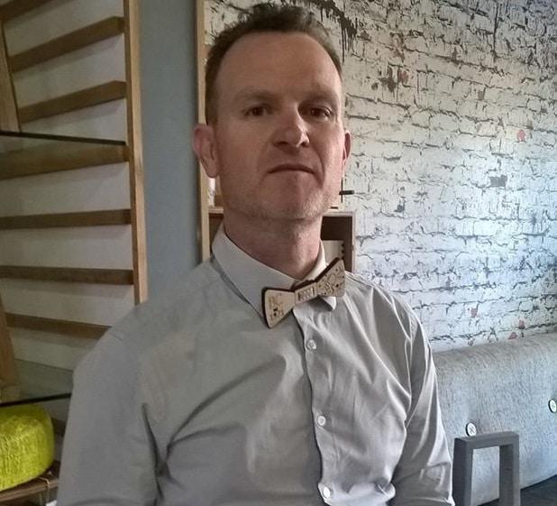 Bradley Clark wearing one of his Foo Dog wooden bow ties